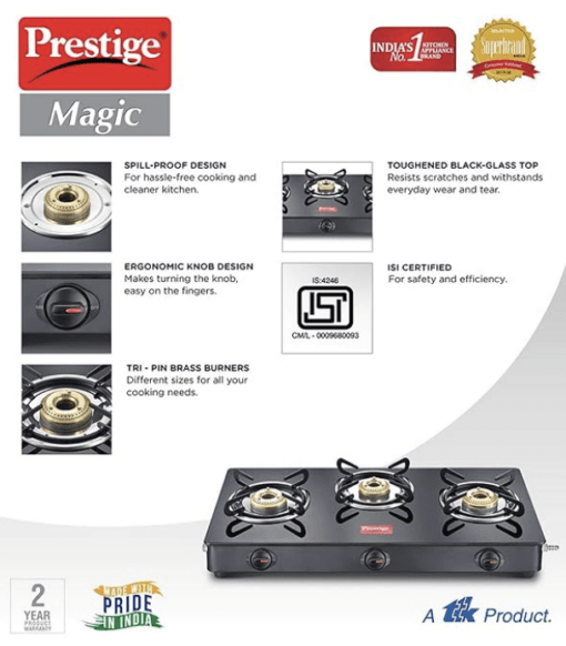 Prestige Magic plus Toughened Glass-Top 3 Brass Burner LPG Gas Stove(GTMP-03) | Black Spill Proof Design | Ergonomic Knob | Tri-Pin Burner - Image 3